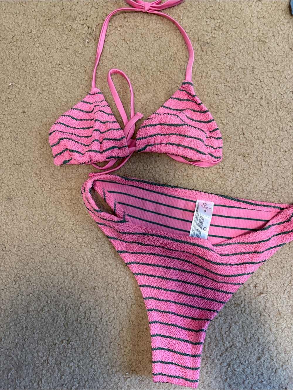 Primark Pink and Black Striped Textured Bikini - size S